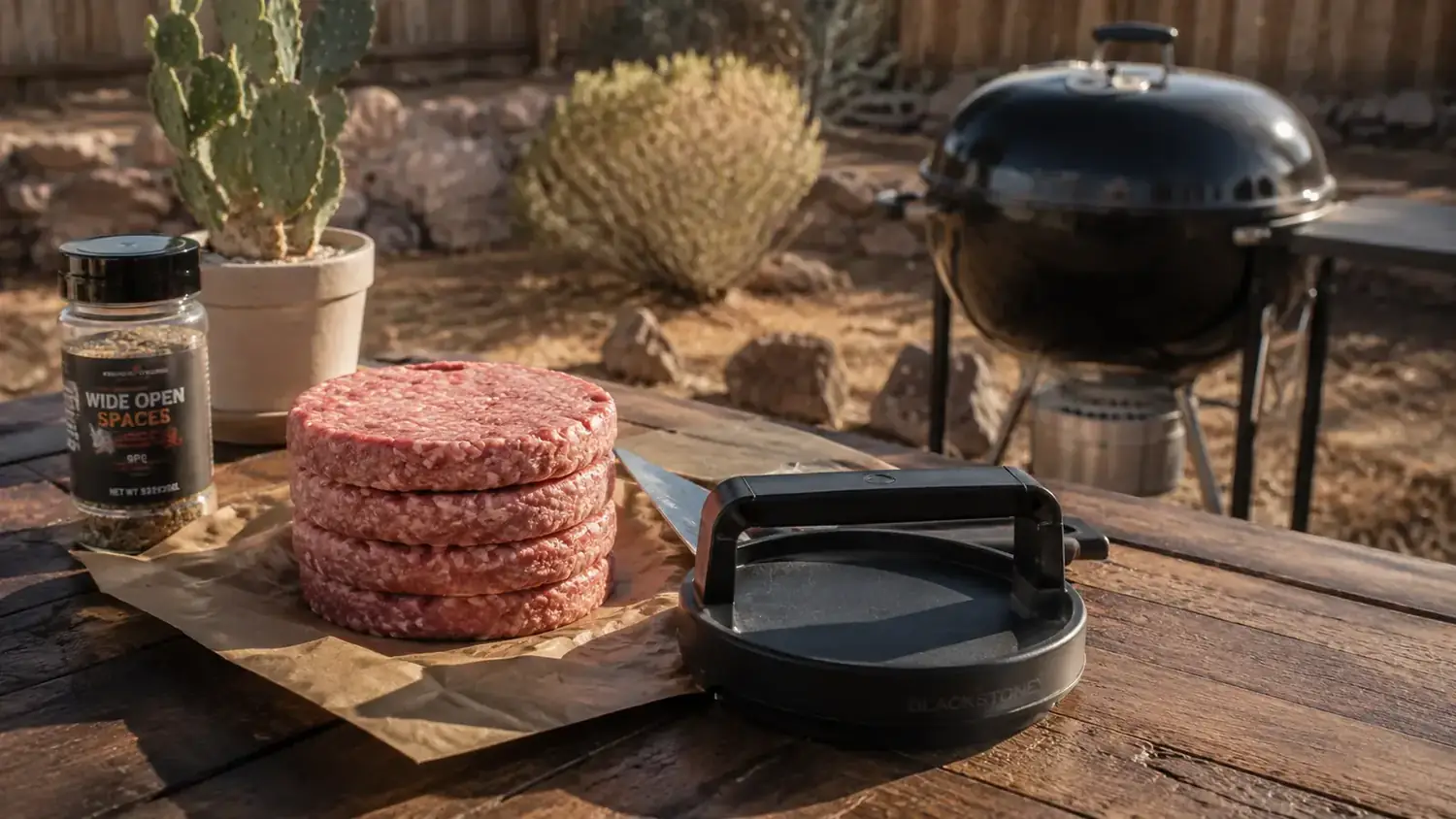 Stack of uniform burger patties next to a burger press on an outdoor prep table with a charcoal grill in the background