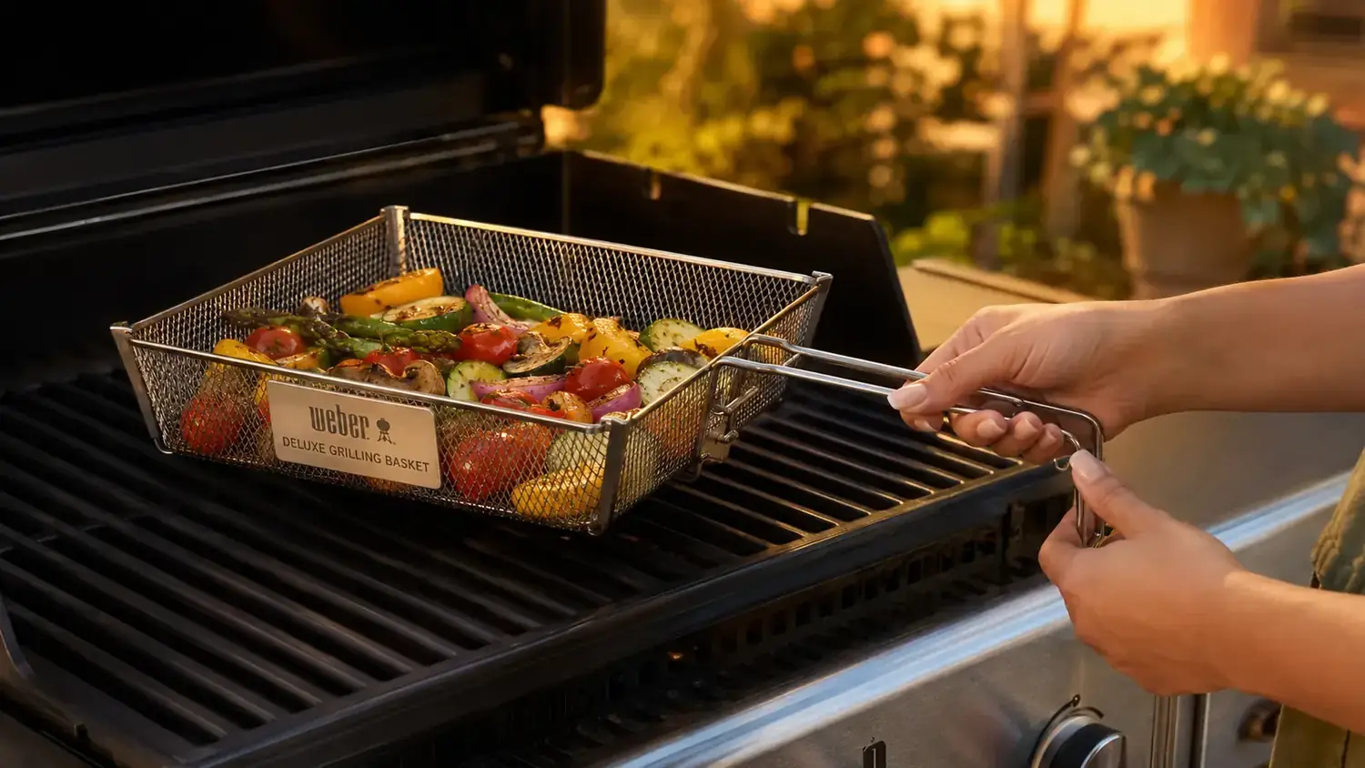 Hands placing the Weber Deluxe Grilling Basket onto a gas grill grate