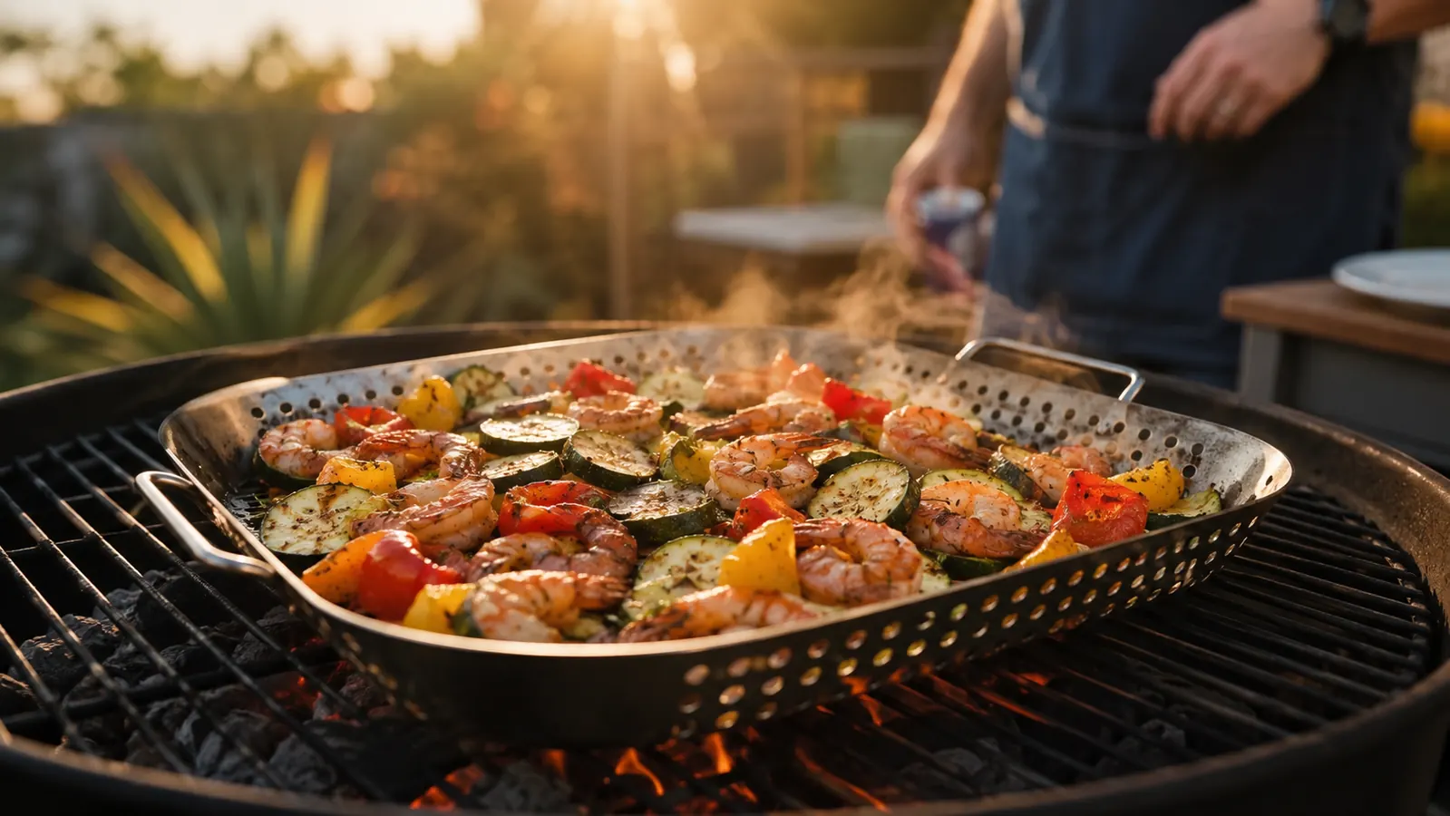 Colorful vegetables and shrimp sizzling in a stainless steel grill basket over charcoal flames
