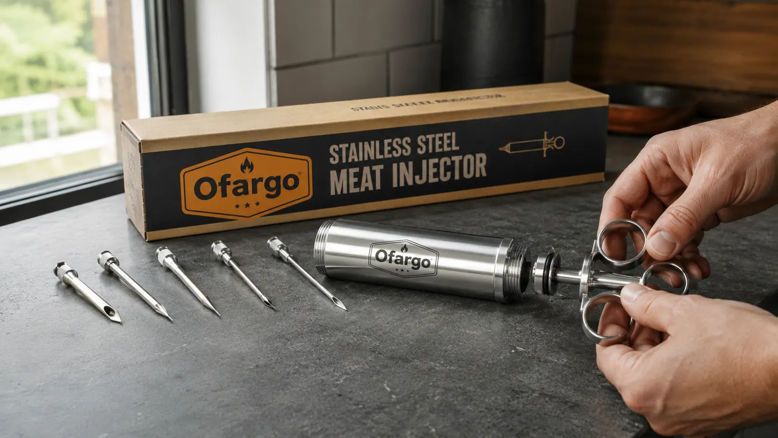 Ofargo meat injector kit laid out on a counter showing four needle tips and the stainless steel barrel