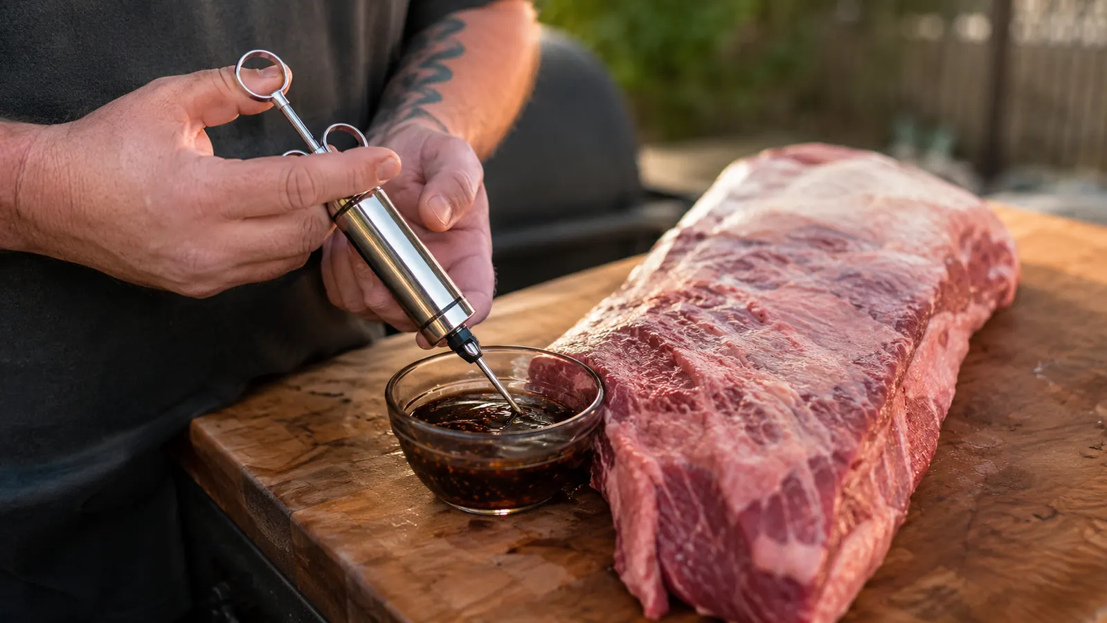 Hands loading a stainless meat injector syringe from a bowl of dark marinade beside a raw brisket on a cutting board