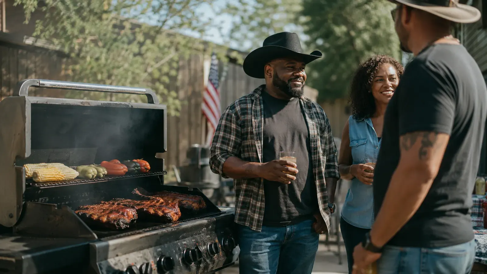 Family cookout scene with ribs on the grill, people standing around talking, corn and vegetables on the side grates