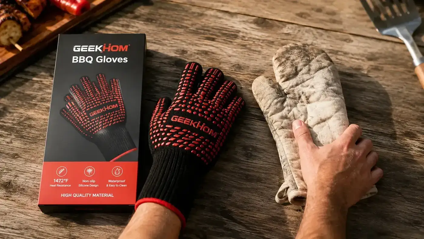 Pair of GEEKHOM silicone BBQ gloves laid out next to a worn cloth oven mitt on a wooden picnic table