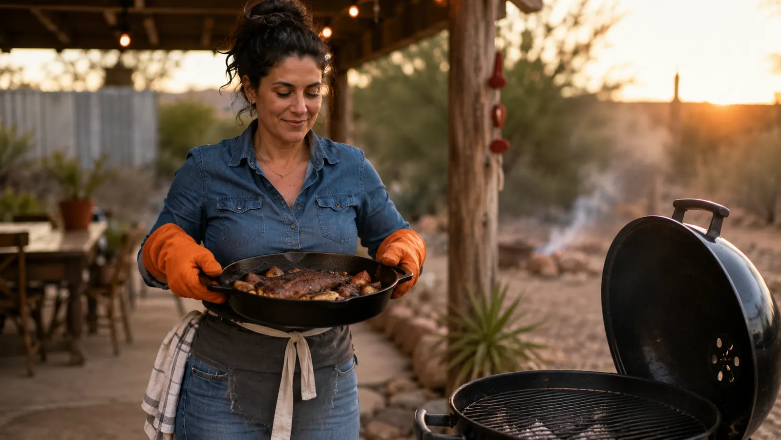 Backyard griller wearing orange silicone BBQ gloves lifting a cast iron skillet off a charcoal grill at dusk