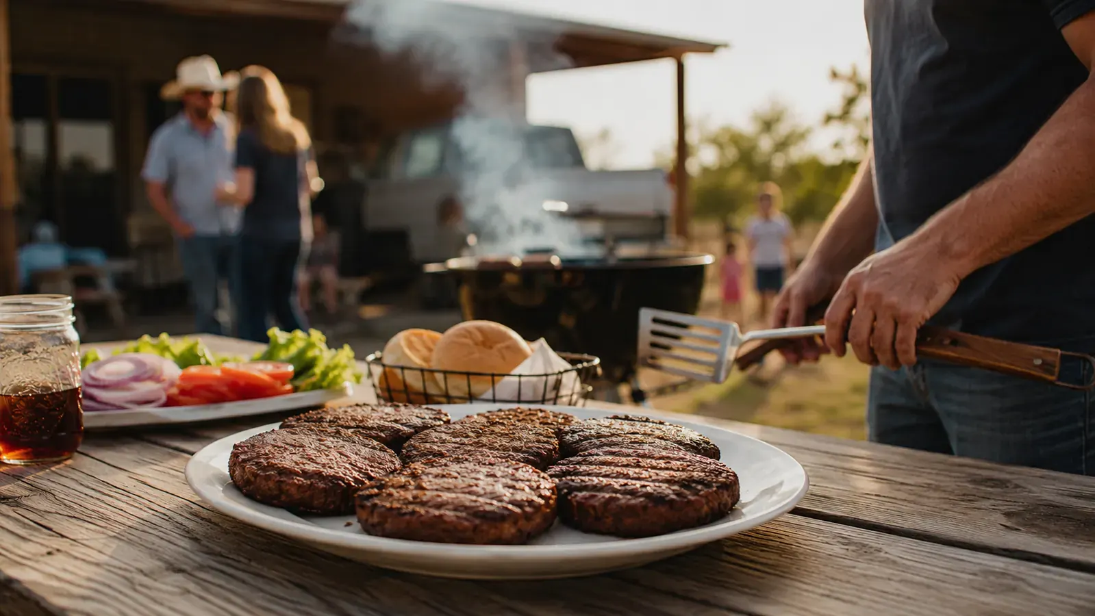 Backyard cookout scene with a platter of perfectly shaped burger patties ready for the grill on a picnic table