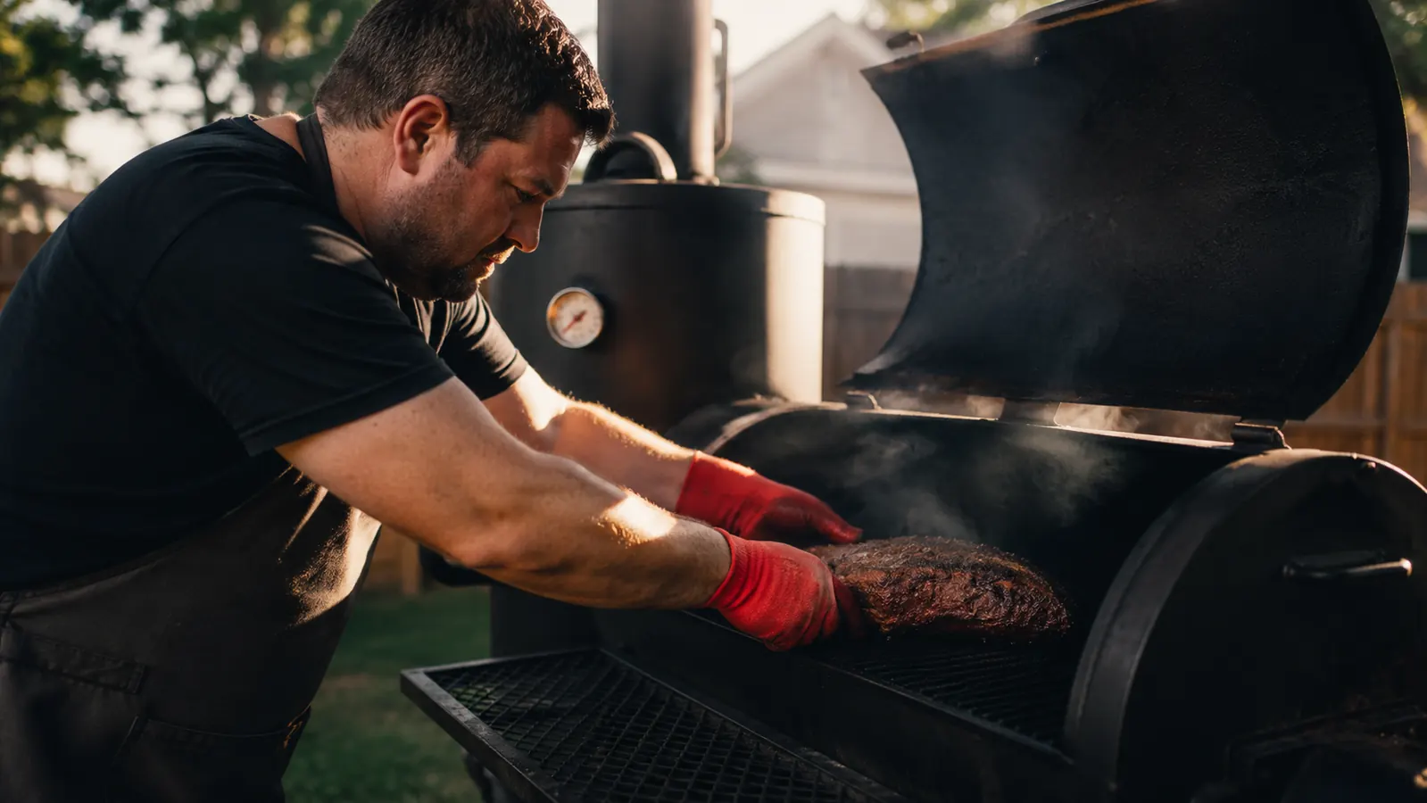 Person at outdoor grill wearing silicone BBQ gloves reaching into a hot smoker to reposition a large brisket
