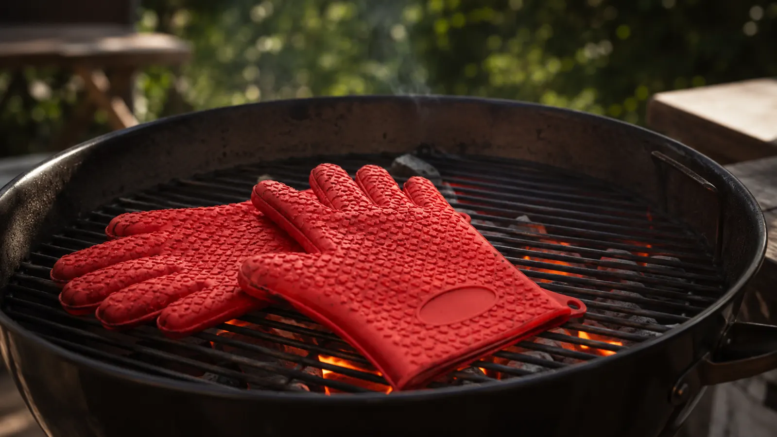 A pair of bright red silicone BBQ gloves resting on a charcoal grill grate with hot coals glowing below