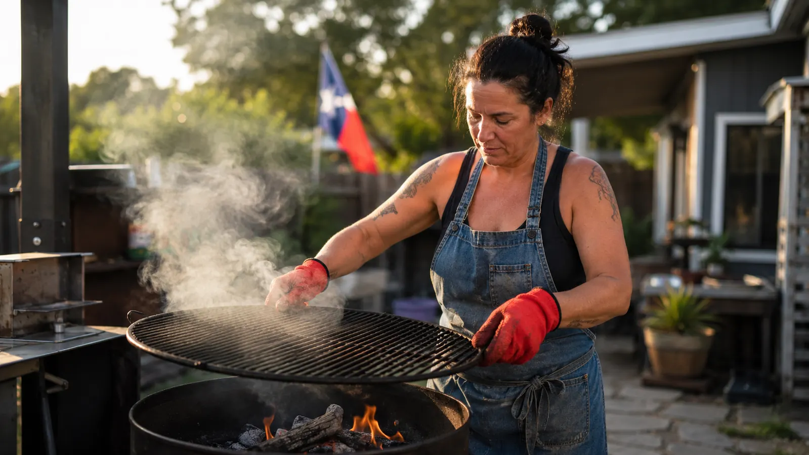 Person wearing bright red silicone BBQ gloves lifting a grill grate over a charcoal fire at dusk