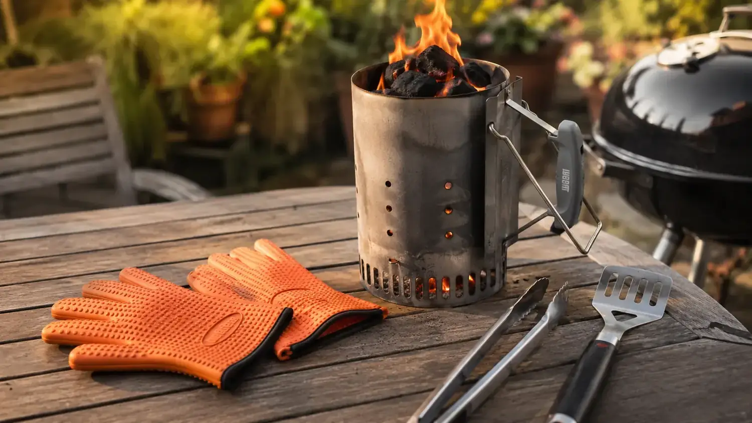 Silicone BBQ gloves laid flat next to a charcoal chimney starter on a patio table