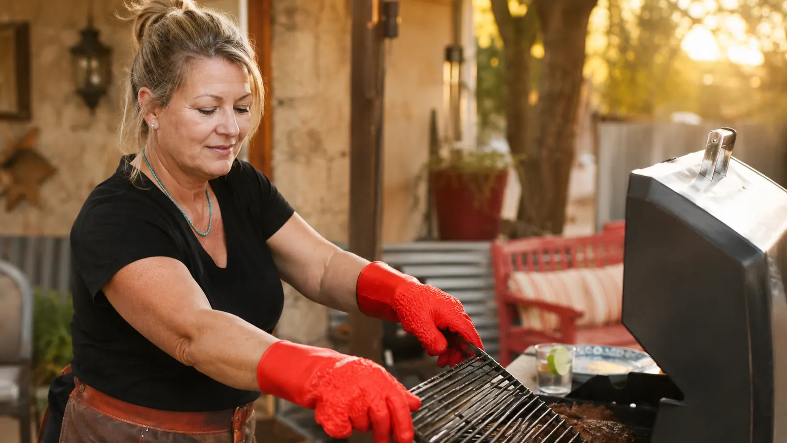 Woman grilling outdoors on a gas grill, wearing silicone BBQ gloves, adjusting the grate with confidence