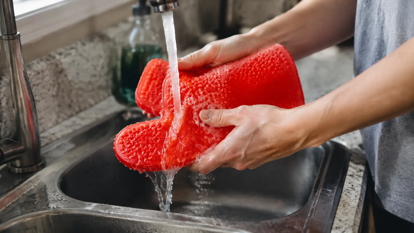 Person rinsing silicone BBQ gloves under a kitchen faucet with soapy water, showing easy post-cook cleanup