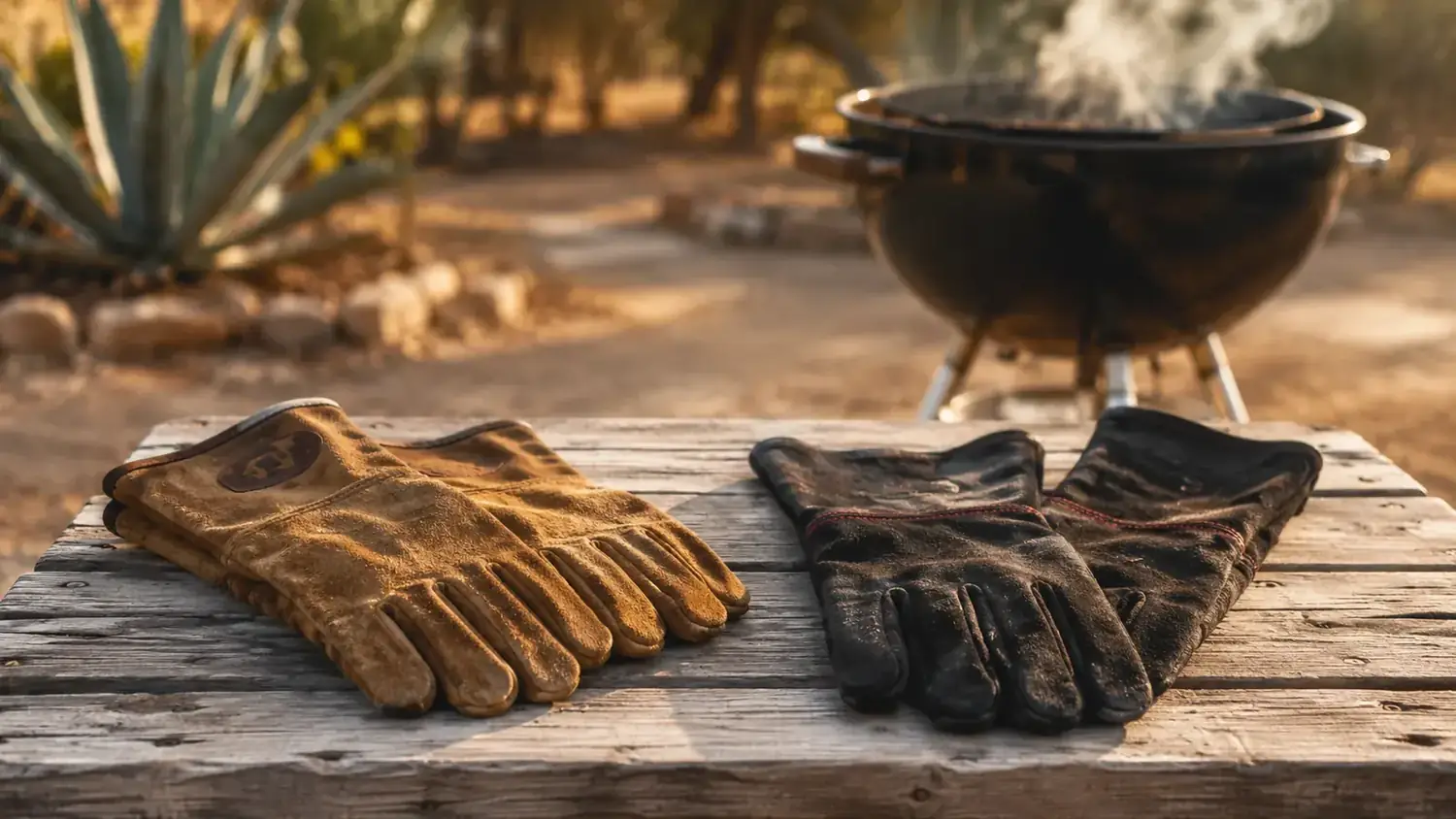 Two pairs of heat-resistant grilling gloves laid side by side on a weathered wood picnic table next to a smoking charcoal grill