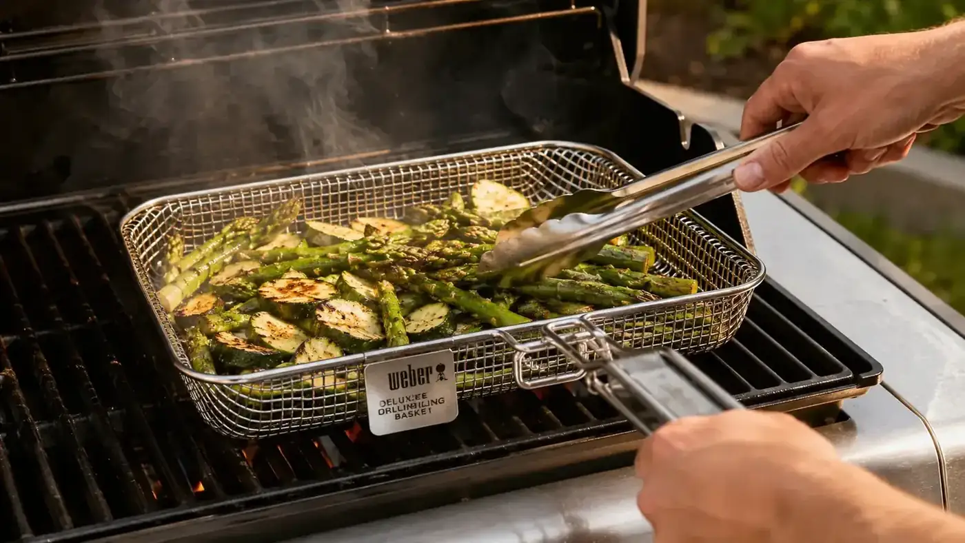 Woman using tongs to toss vegetables inside a Weber grill basket on a gas grill
