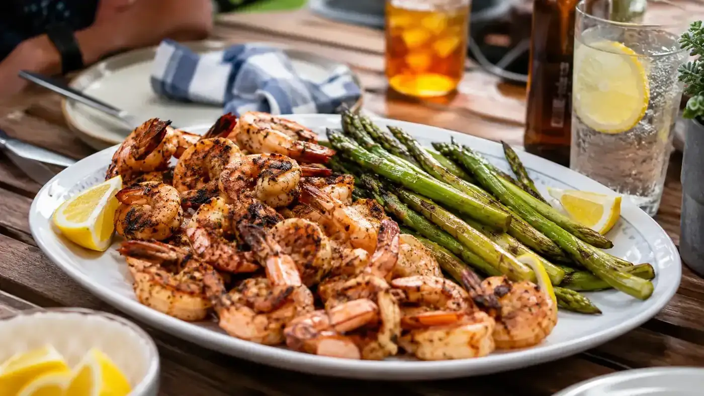 Grilled shrimp with char marks arranged on a platter beside a grill basket on a picnic table