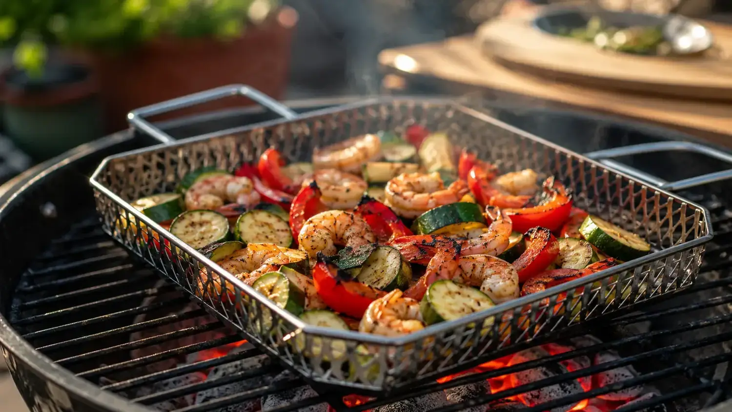 Colorful grilled vegetables and shrimp in a stainless steel grill basket over open charcoal flames at a backyard cookout