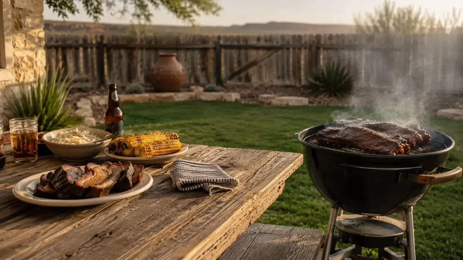 A backyard cook lifting the lid of a grill at golden hour, smoke curling over a full grate of chicken and vegetables