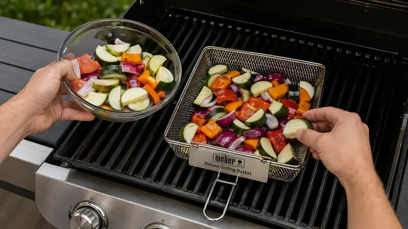 Hands placing cut zucchini rounds and bell pepper strips into a Weber grill basket on a gas grill