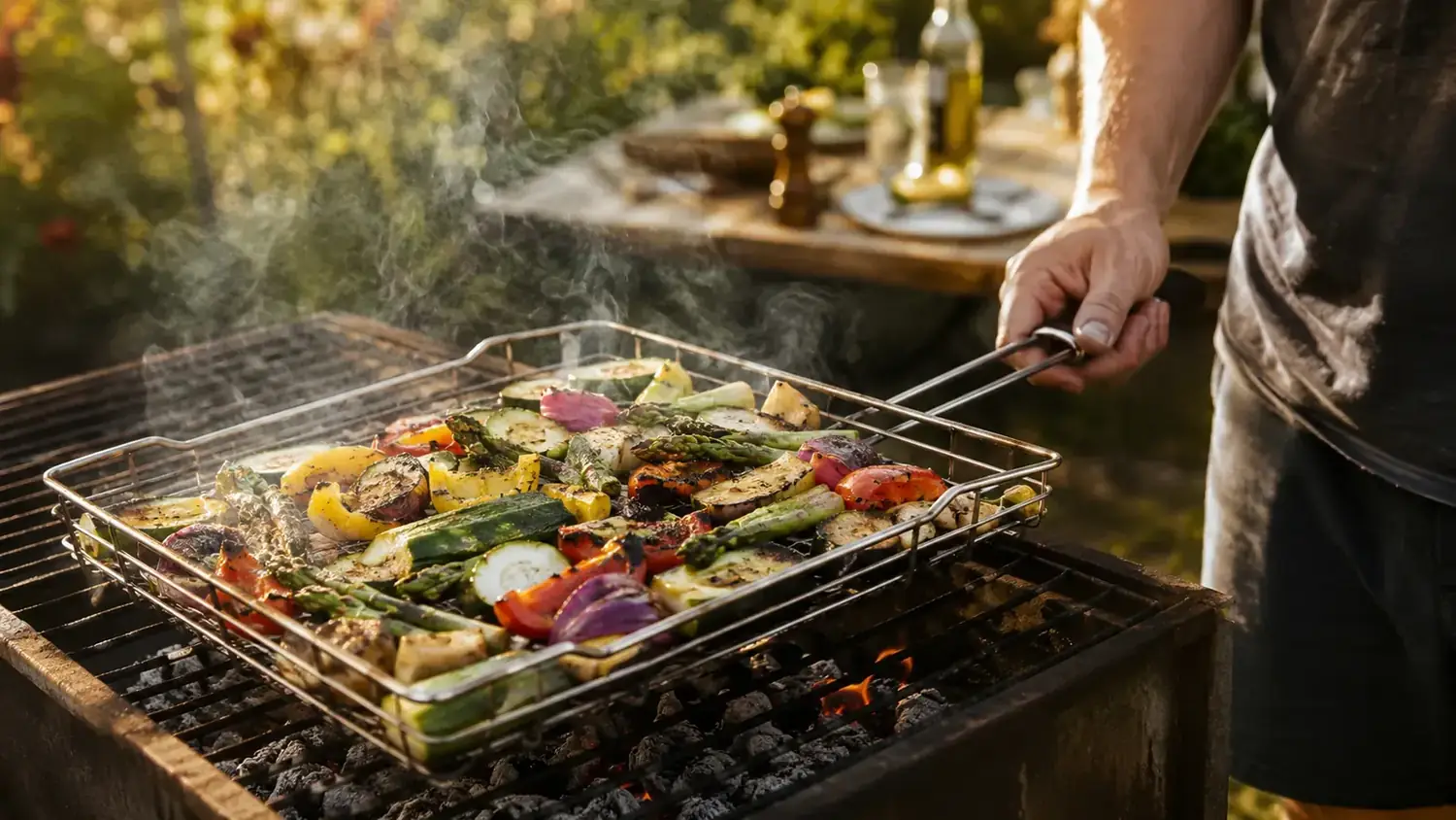 Colorful grilled vegetables in a stainless steel grill basket over a charcoal grill with orange flames underneath