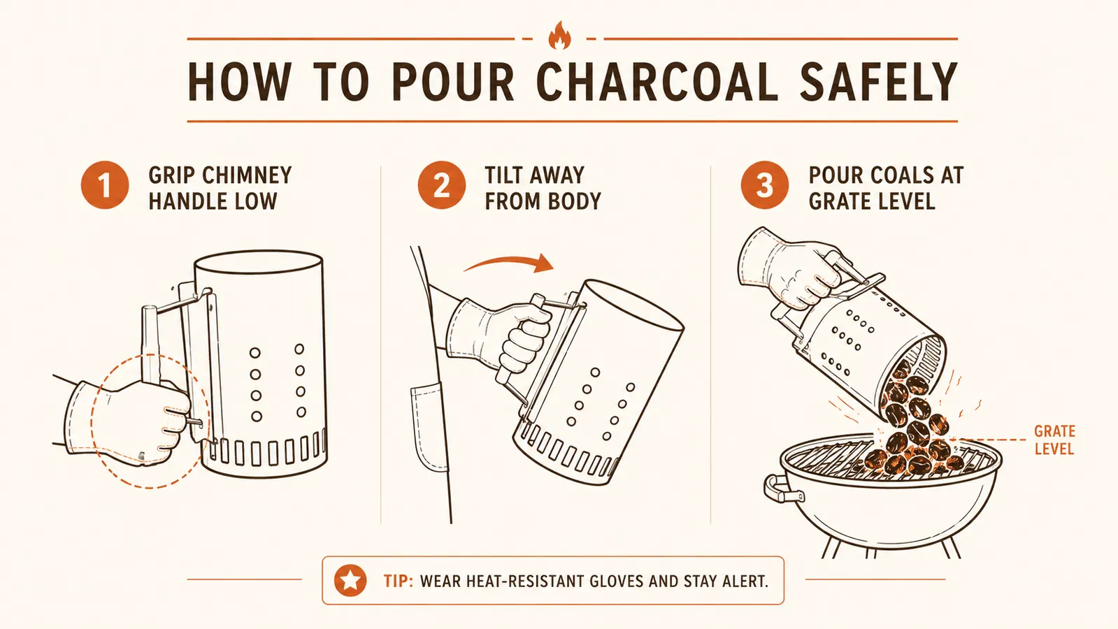 Diagram showing safe hand positions for lifting a chimney starter and moving grill grates