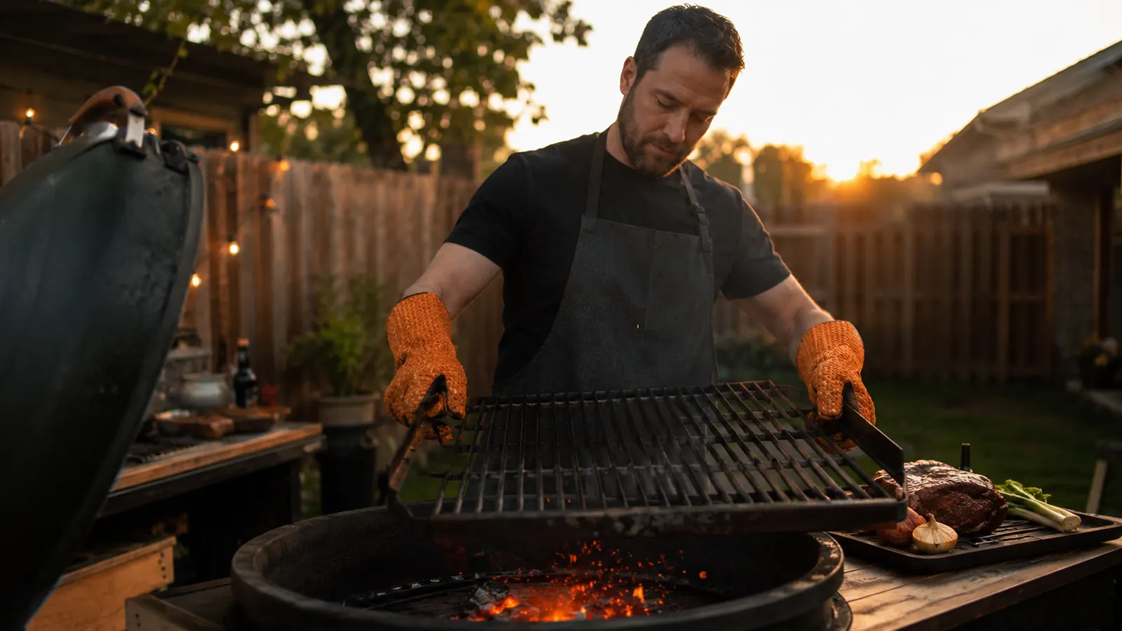 Person wearing long silicone BBQ gloves confidently repositioning a hot grill grate over live charcoal at sunset
