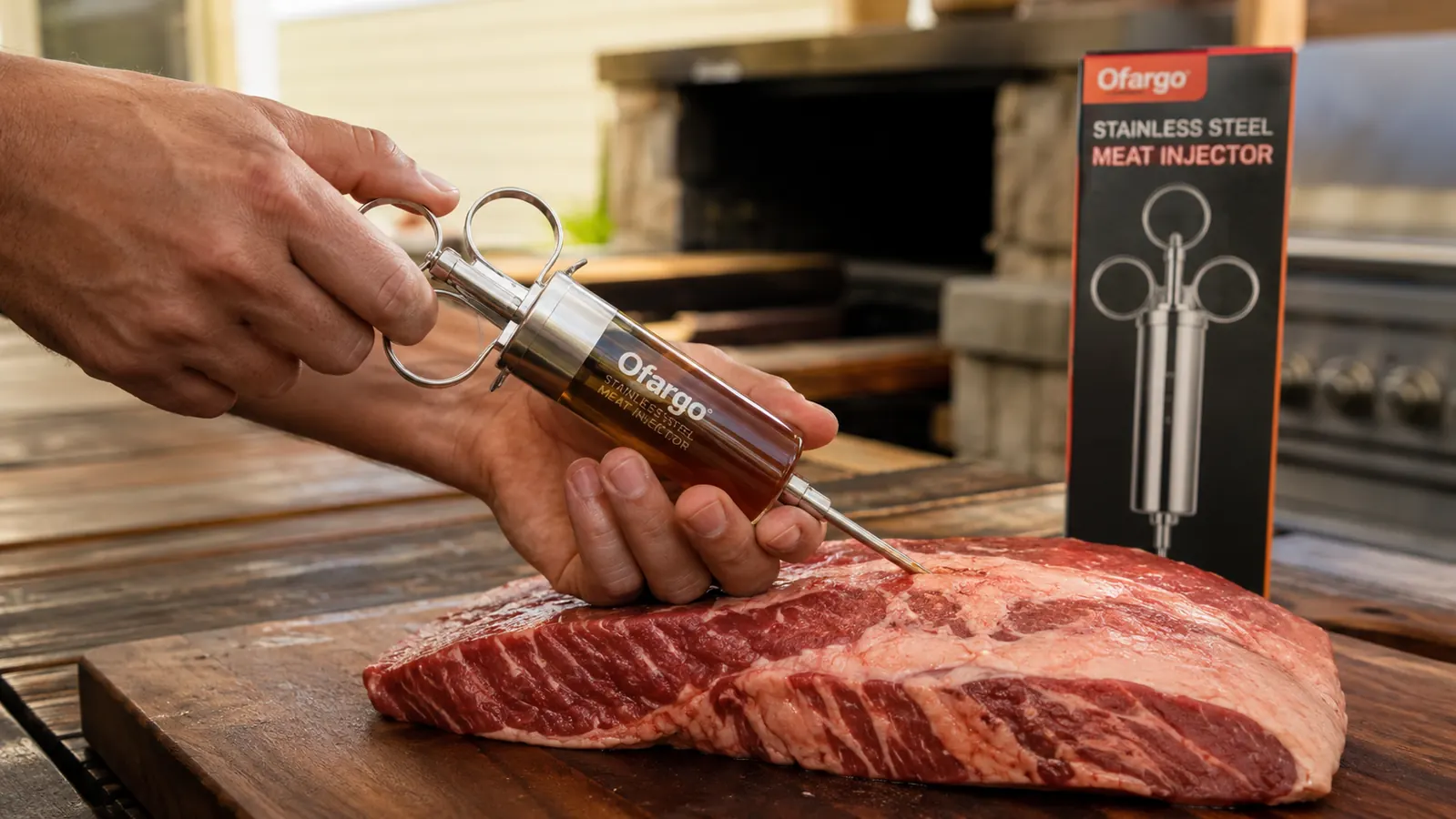 Ofargo stainless steel meat injector loaded with marinade, held over a brisket flat ready for injection