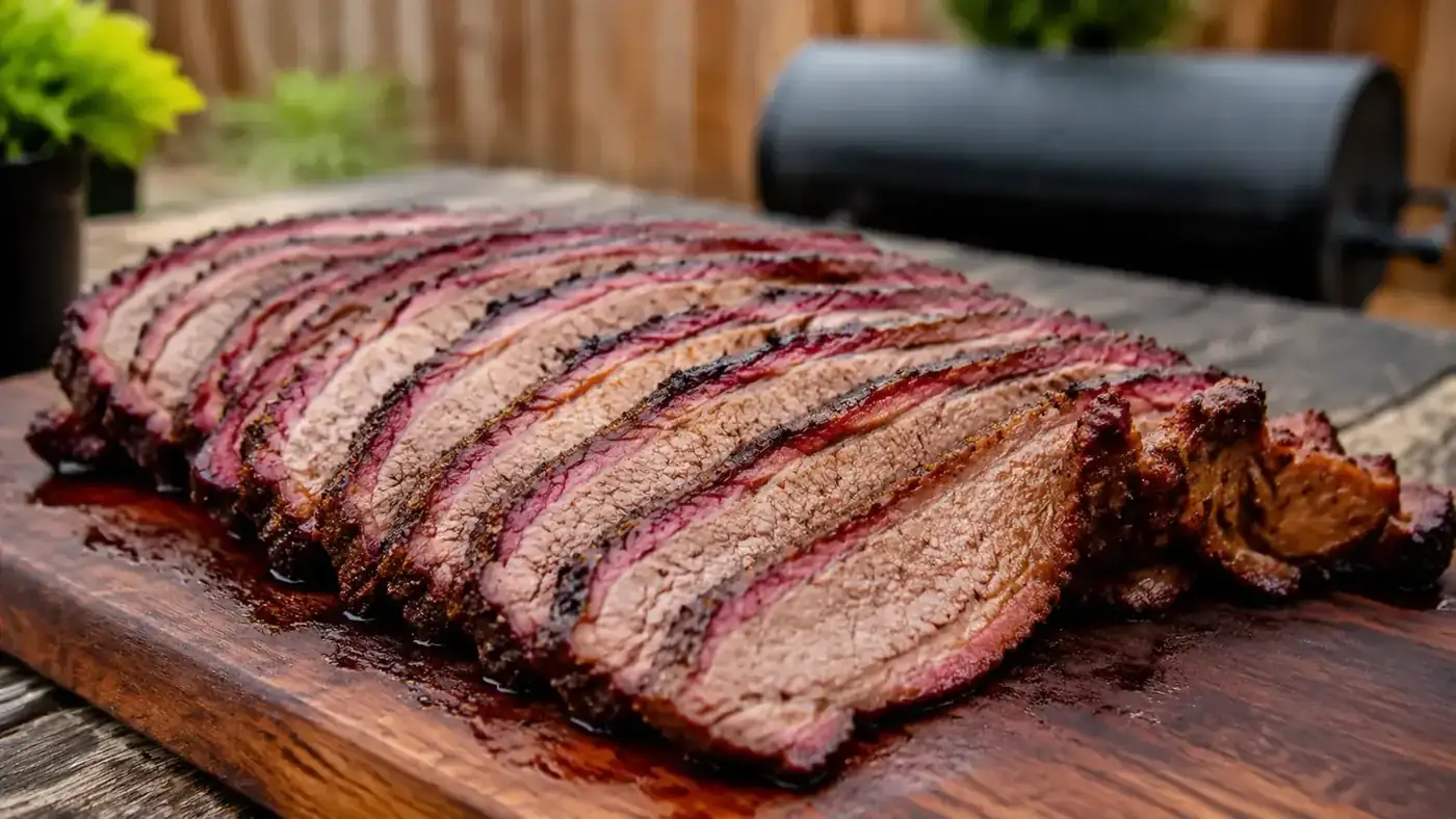 Sliced brisket showing a juicy smoke ring and moist flat on a wooden cutting board
