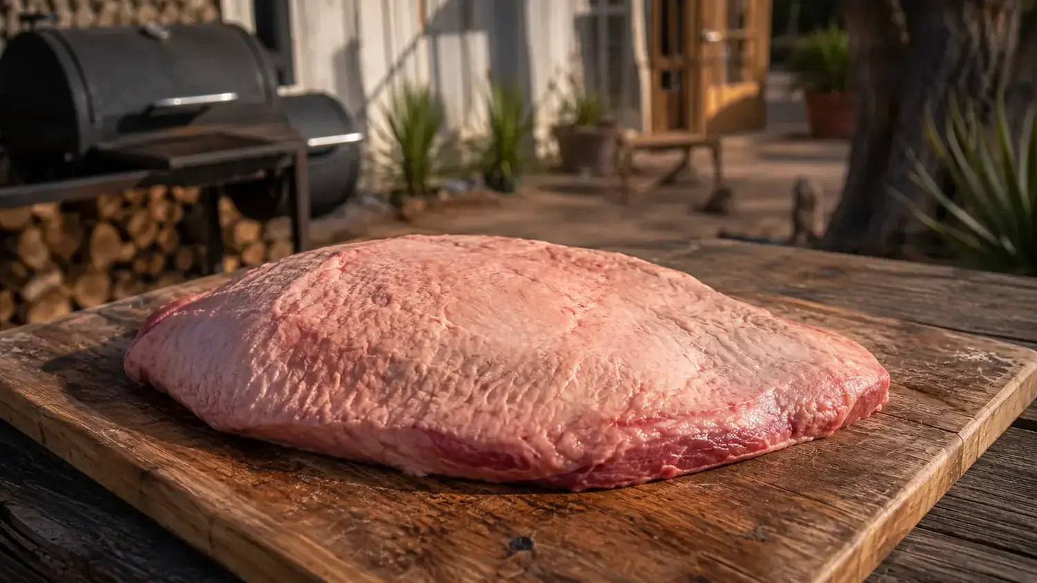 Whole raw packer brisket on a wooden cutting board, ready for injection before a long smoke