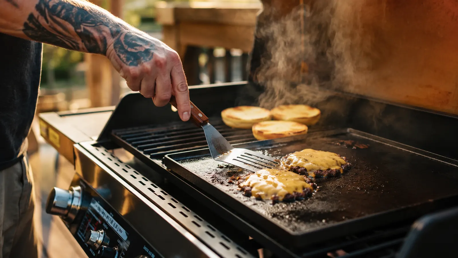 Two smash burgers with melted cheese and toasted buns on a cast-iron griddle over a gas grill, outdoors in afternoon light