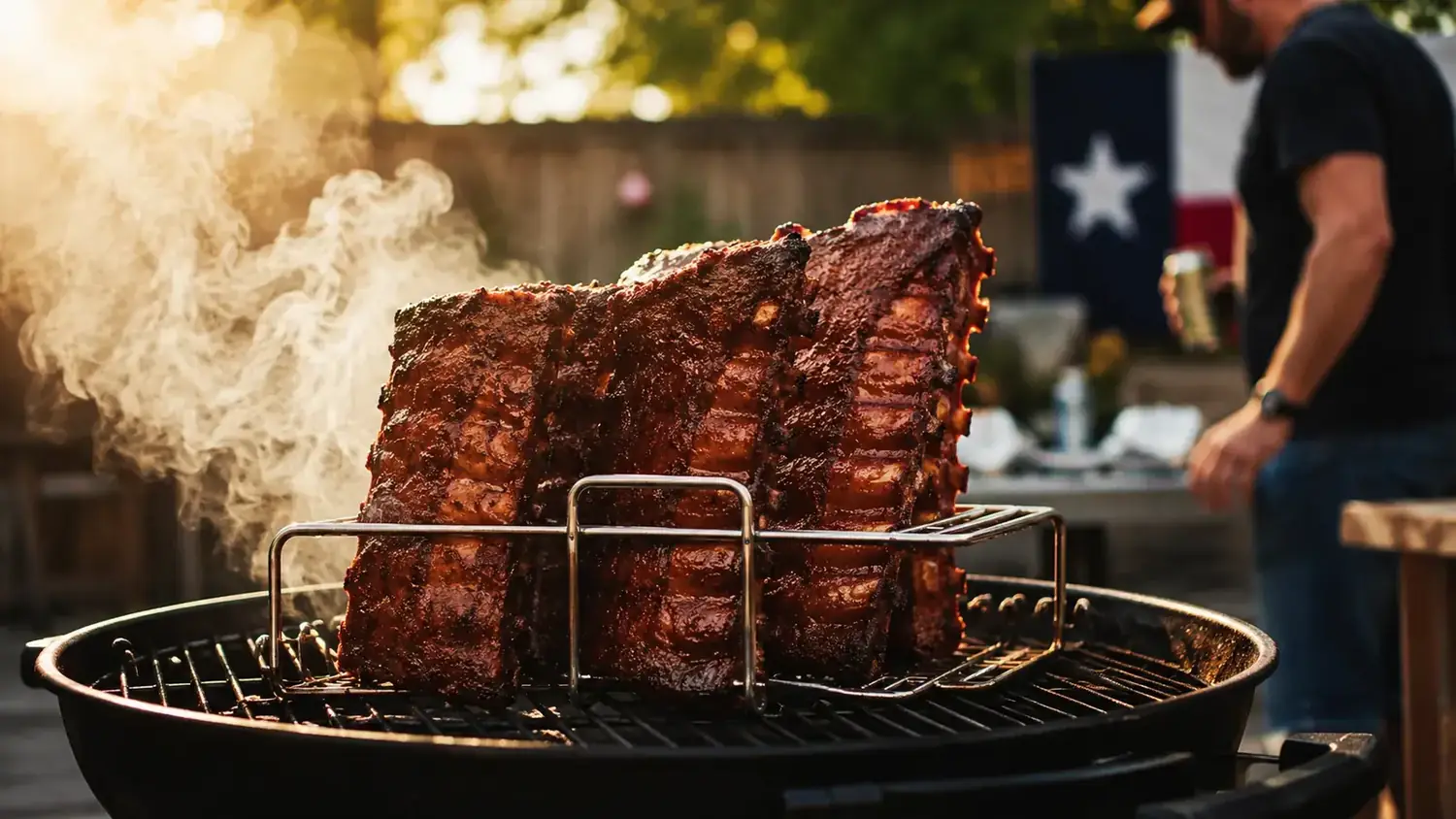 Pork ribs standing upright in a stainless steel rib rack on a charcoal grill with smoke rising around them