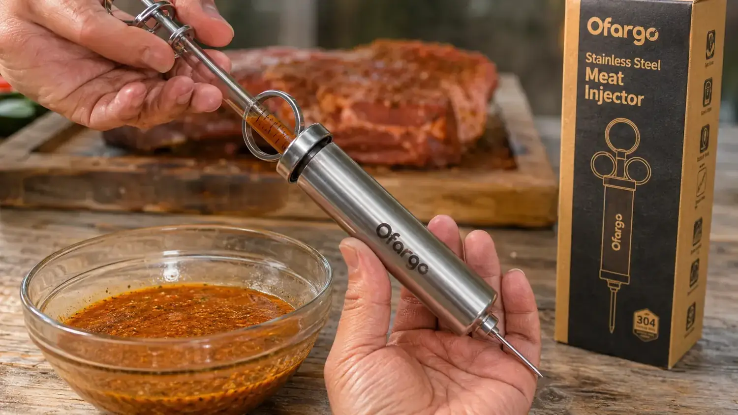 Hand drawing liquid marinade into a meat injector syringe over a stainless prep bowl