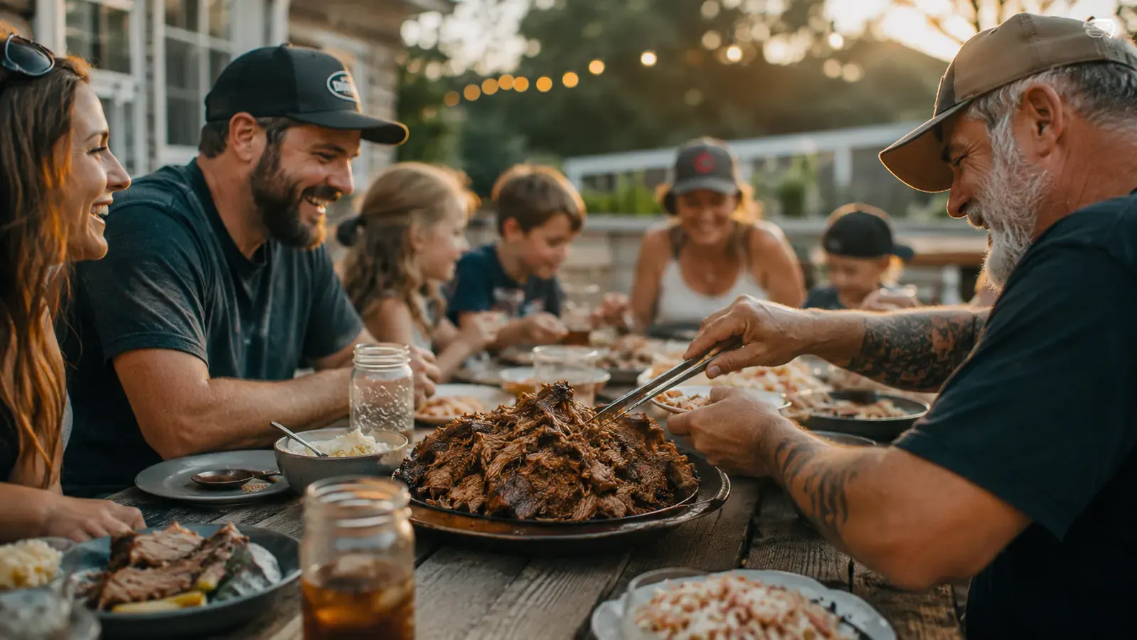 Platter of pulled pork surrounded by family at a backyard picnic table, drinks and sides on the table
