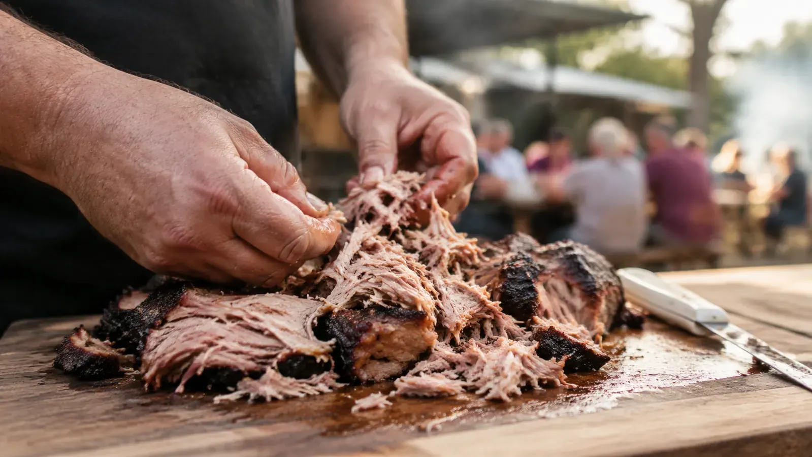 Pulled pork shoulder resting on a cutting board on a backyard picnic table, late afternoon sun