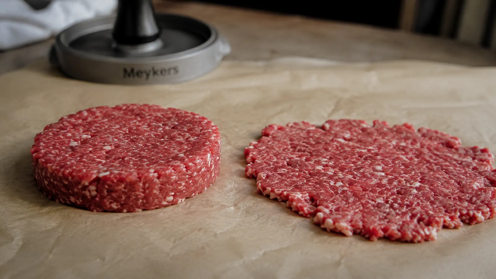 Side-by-side comparison showing a thick hand-formed burger patty and a thin flat over-pressed patty next to the Meykers press