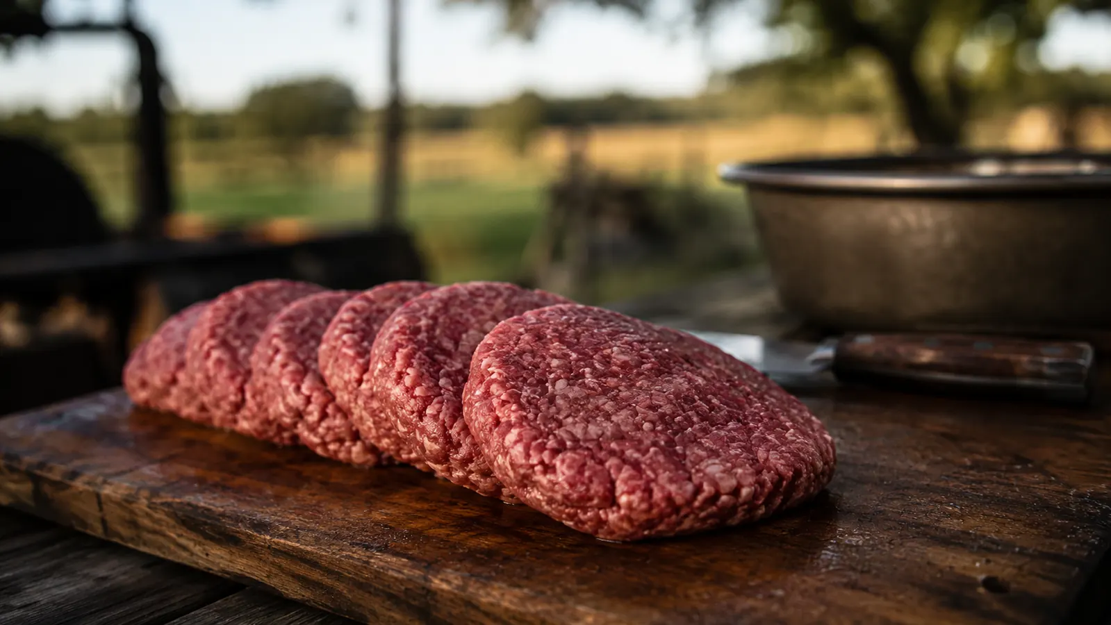 Burger press on a wooden cutting board next to a row of raw ground beef patties ready for the grill