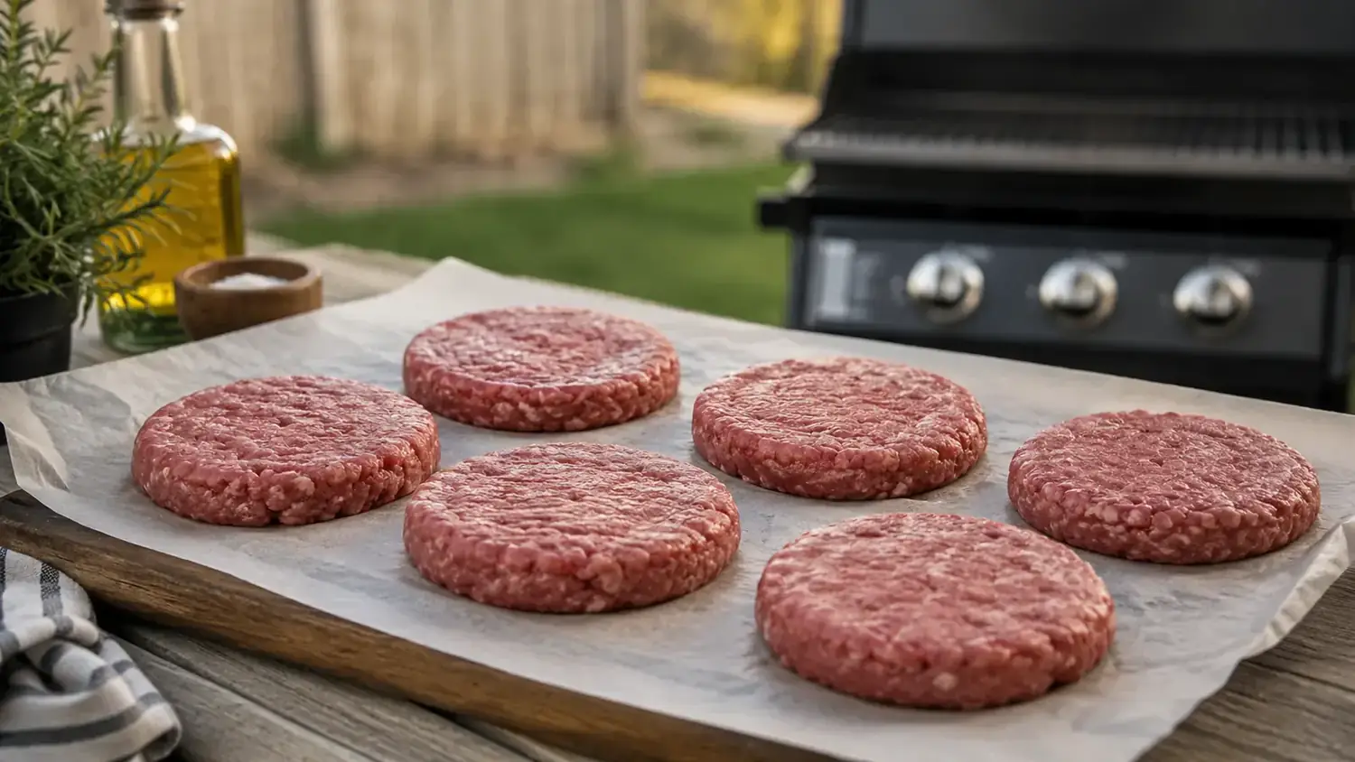 Six uniform beef patties lined up on a sheet of wax paper ready for the grill