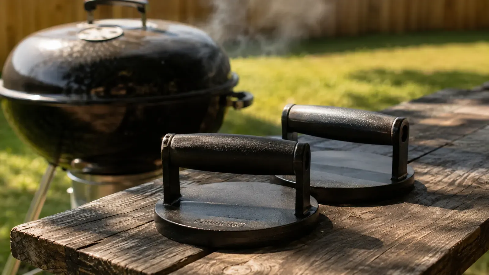Two burger presses side by side on a wooden outdoor table with a charcoal grill in the background