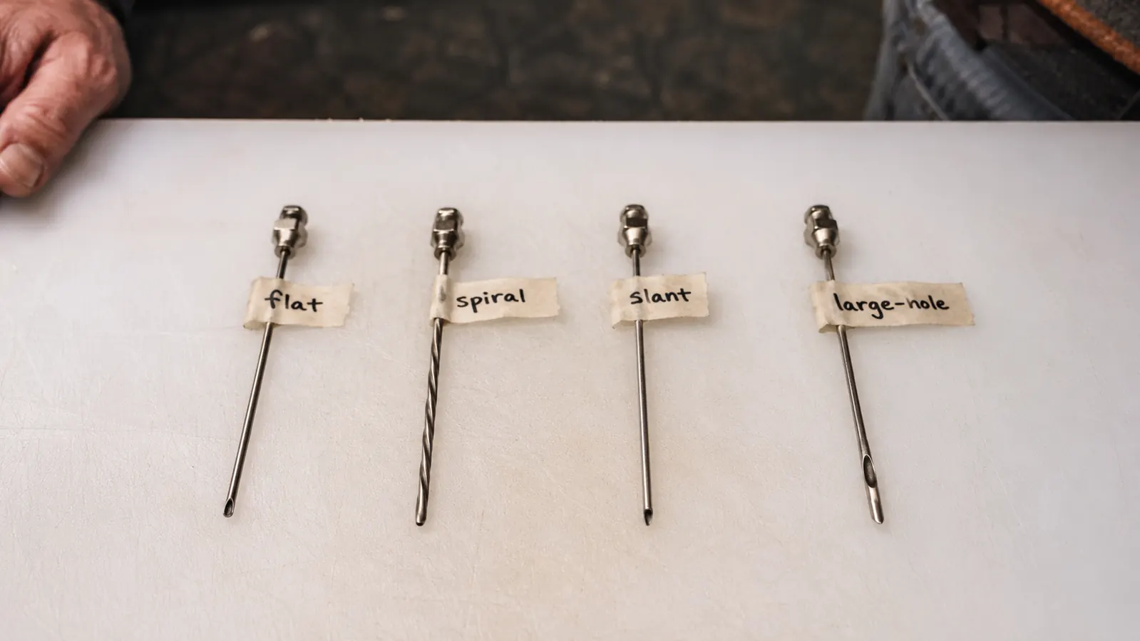Close-up of four Ofargo needle types laid flat on a white surface showing different hole patterns