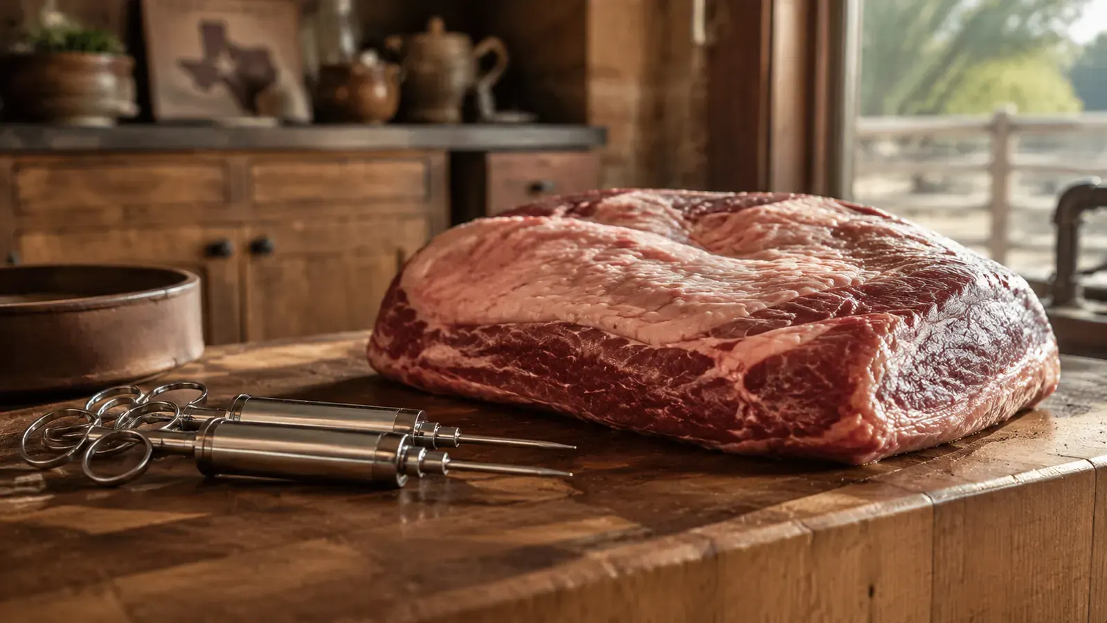 Two meat injectors side by side on a wooden cutting board next to a raw brisket flat, warm kitchen light