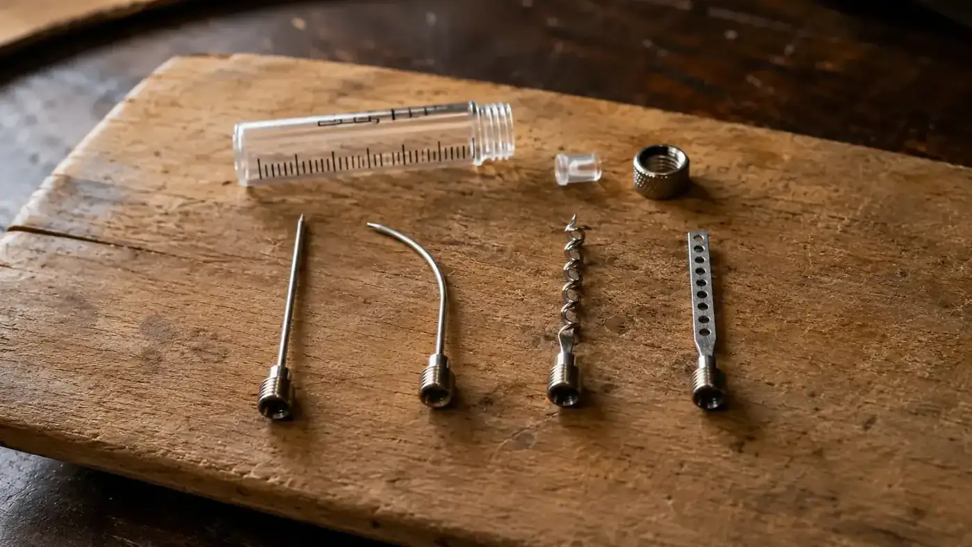 Four stainless steel injector needles laid out on a wooden cutting board next to a disassembled meat injector barrel, kitchen counter setting