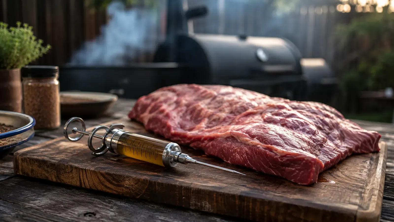 Ofargo meat injector syringe on a wooden cutting board next to a raw brisket flat, outdoor light, smoke haze in background