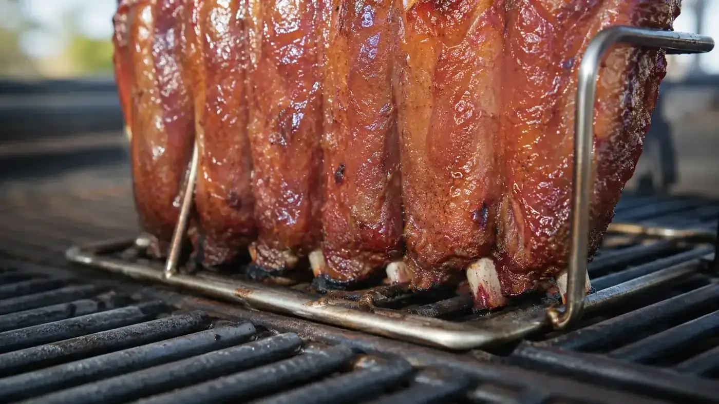 Bottom tips of standing ribs showing slightly dried and charred ends from sitting too close to grill grates during indirect cooking