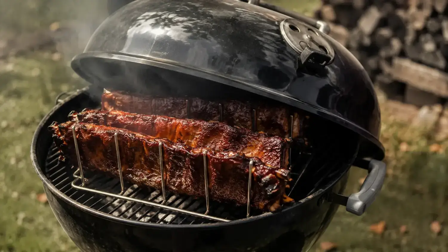 Stainless steel rib rack sitting on a charcoal kettle grill with the lid propped open slightly, showing the height clearance issue
