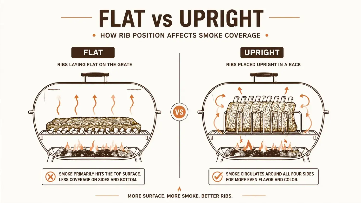 Cross-section diagram comparing smoke exposure on ribs standing upright versus ribs lying flat on a grill grate