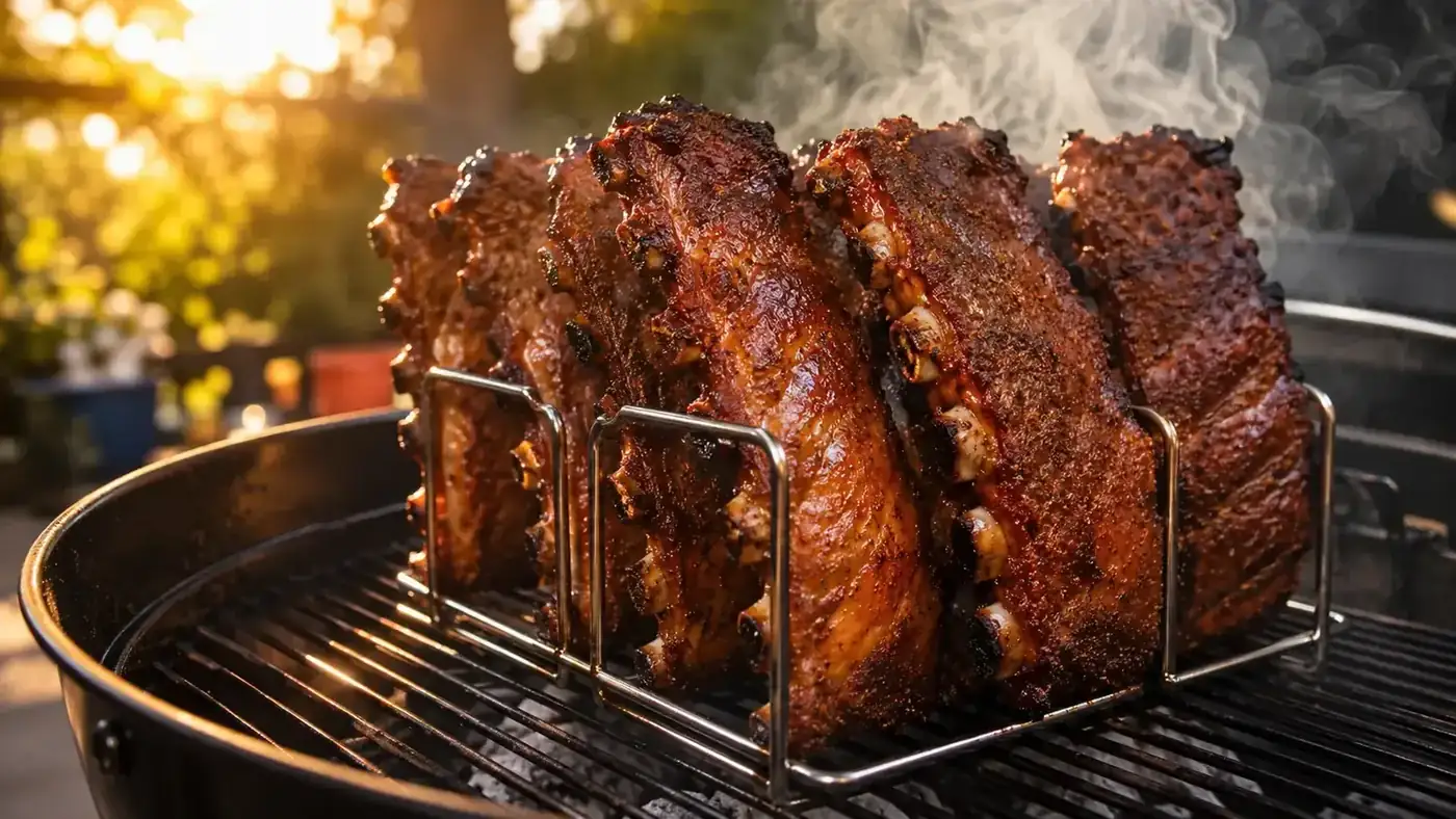 Stainless steel rib rack holding three racks of ribs upright on a charcoal grill, smoke rising in late afternoon light