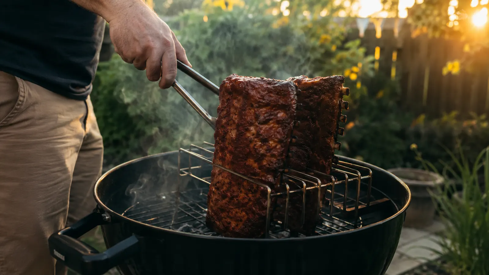 Two racks of baby back ribs standing upright in a stainless steel rib rack on a charcoal kettle grill, smoke rising in warm afternoon light