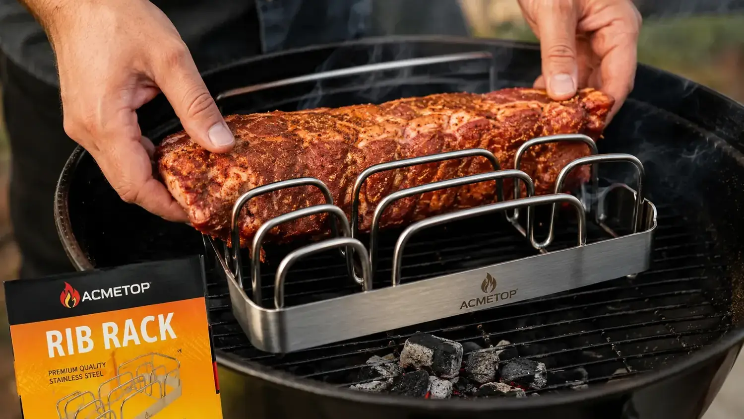 Stainless steel ACMETOP rib rack holding two racks of baby back ribs upright on a charcoal grill grate