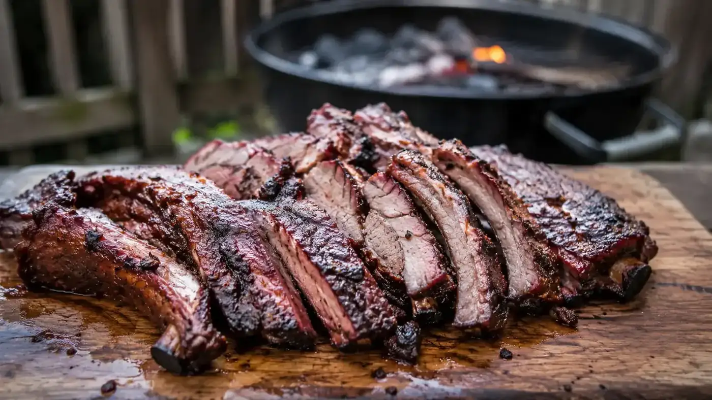 Sliced ribs with deep mahogany bark on a wooden cutting board next to a charcoal grill