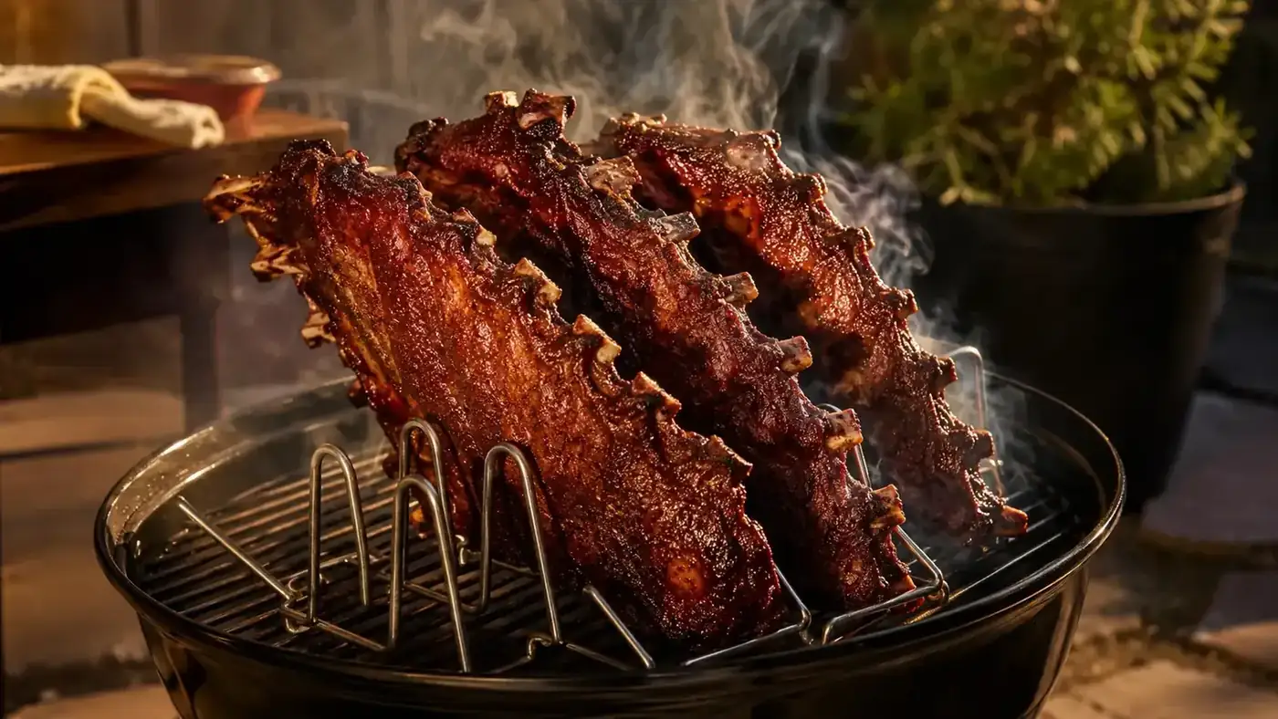 Three racks of ribs standing upright in a stainless steel rib rack on a charcoal grill, smoke curling around them in late afternoon light