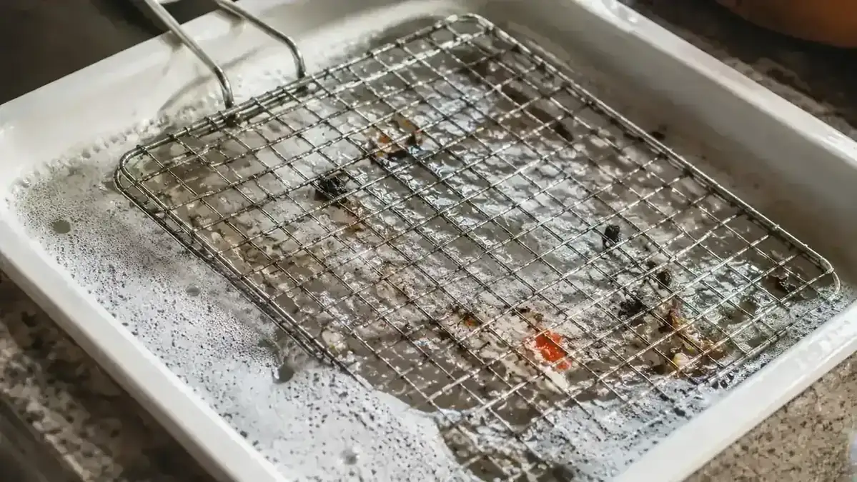 Weber grill basket soaking in a dish pan with soapy water showing stuck-on charred vegetable residue in the holes