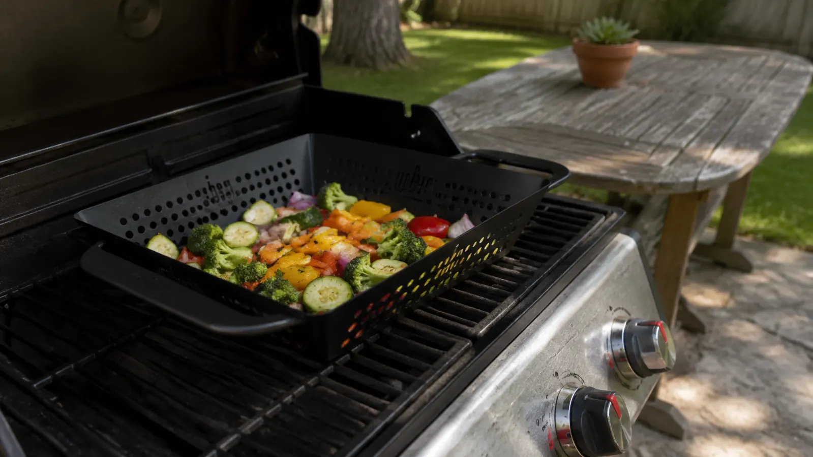 Weber Deluxe Grilling Basket sitting on a closed gas grill grate outdoors on a sunny afternoon